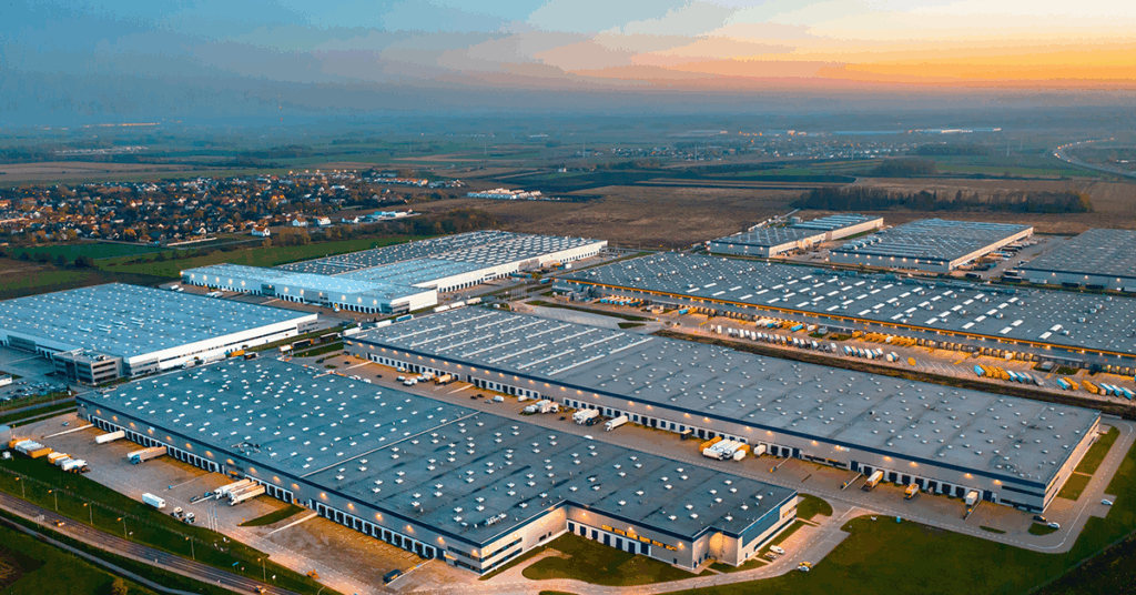 Aerial view of the logistics center in the evening