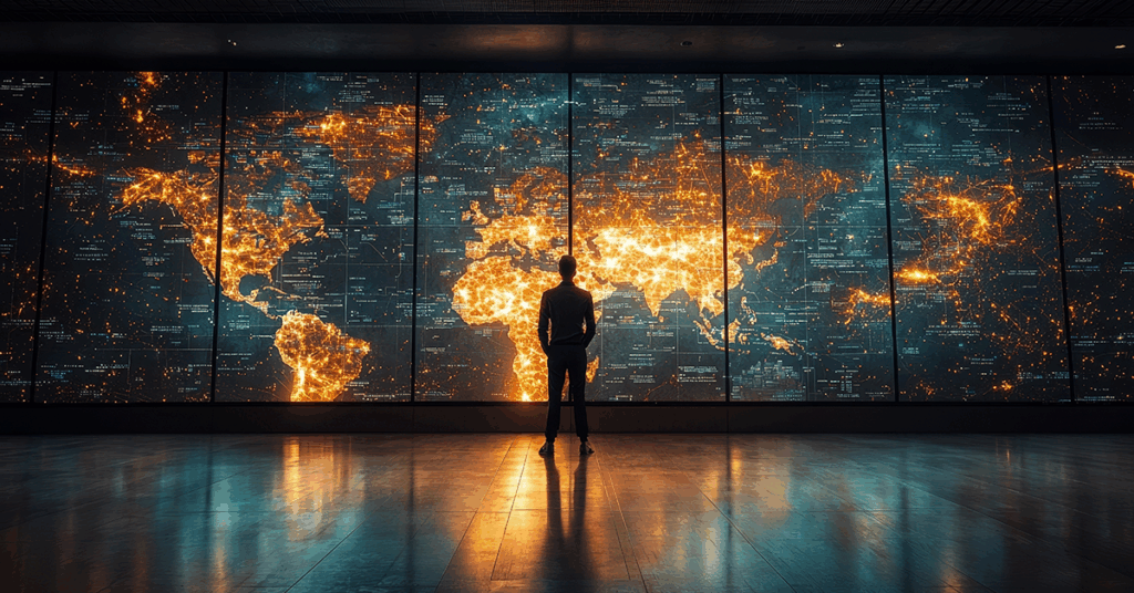 A man looking at a large screen with the world map displayed